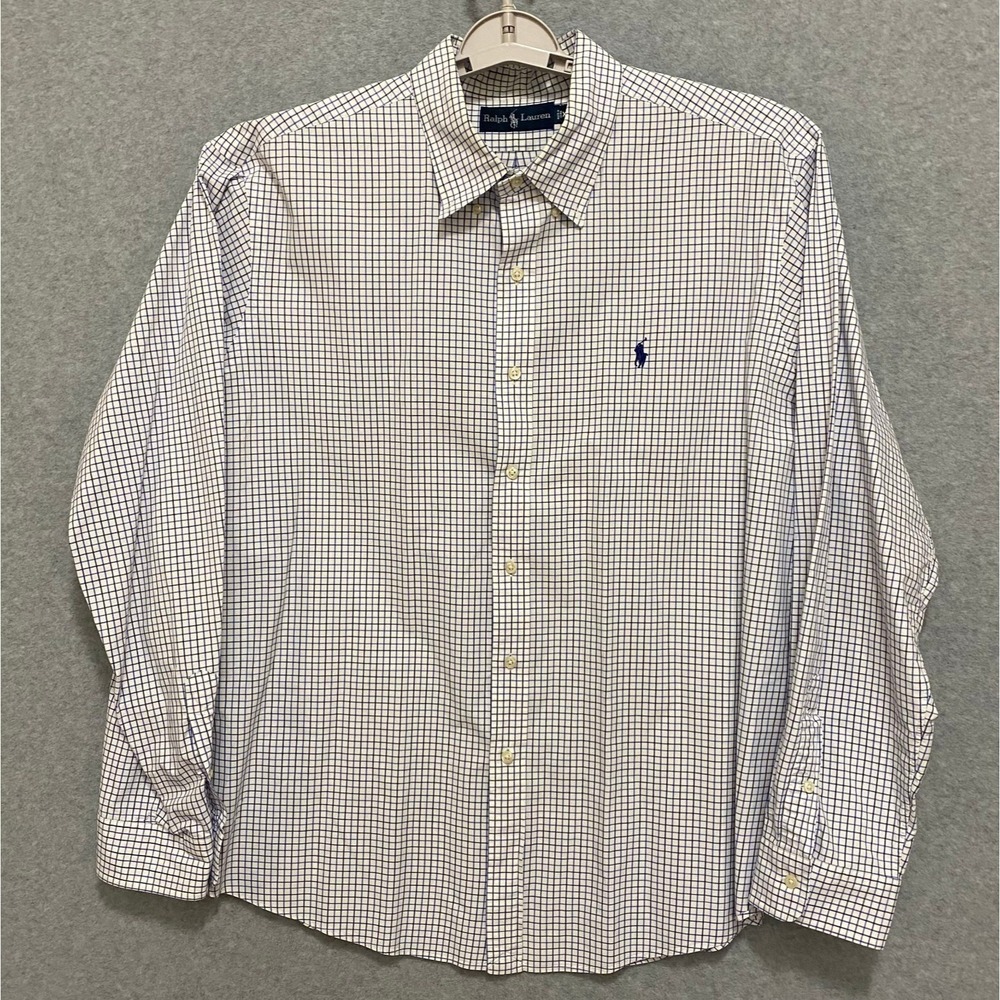 Ralph Lauren Men's XXL White Blue Check Long Sleeve 100% Cotton Button Up‎ Shirt
